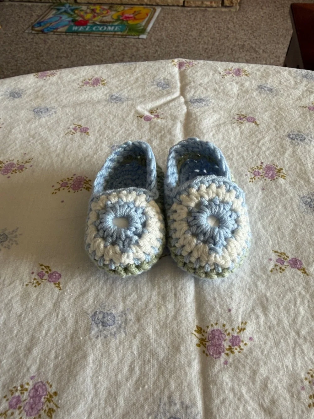 Handmade Baby Crochet Moccasins in Light Blue & White
